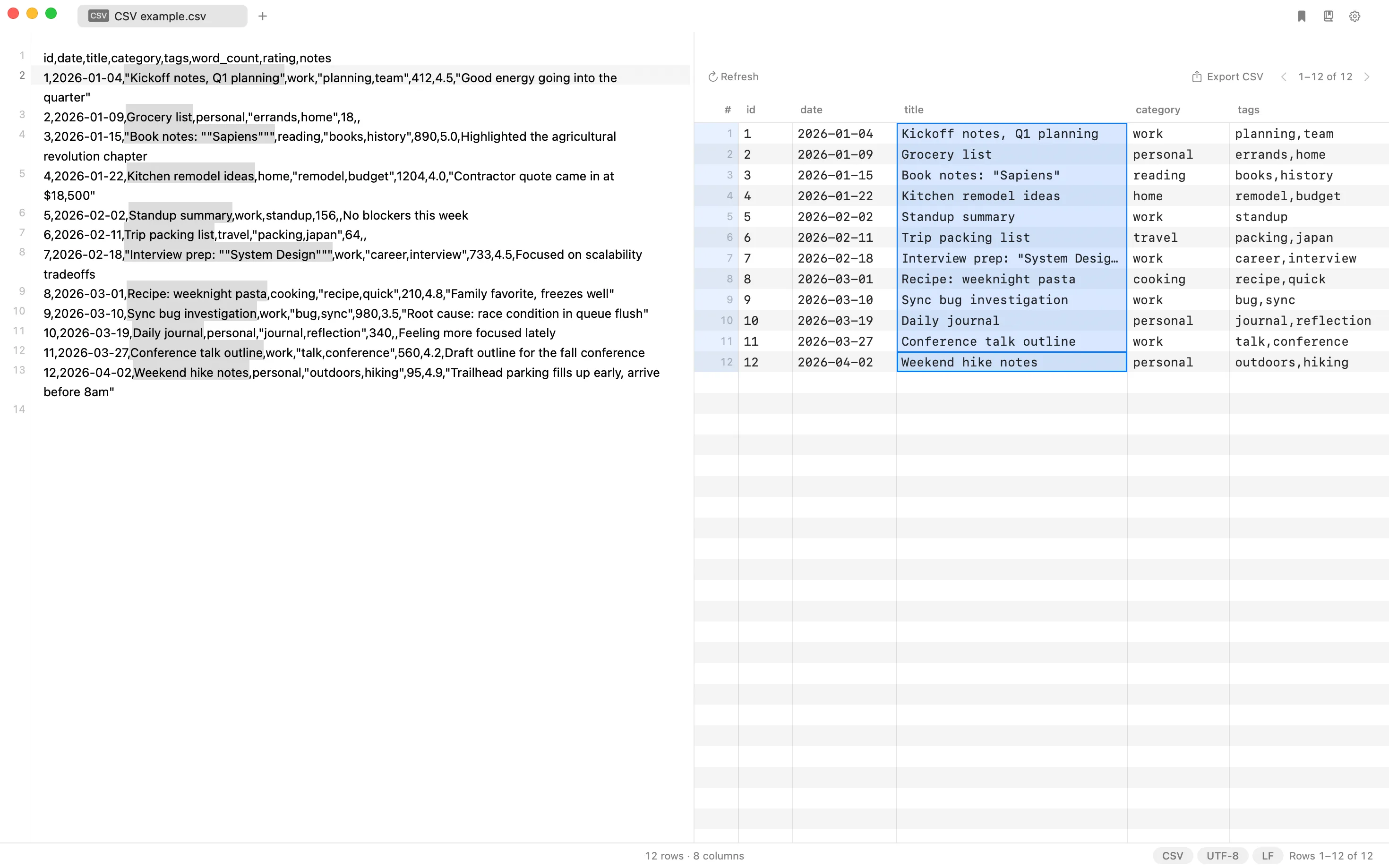 Comma-separated source beside a sortable table in Nota, with pagination and an Export CSV button.