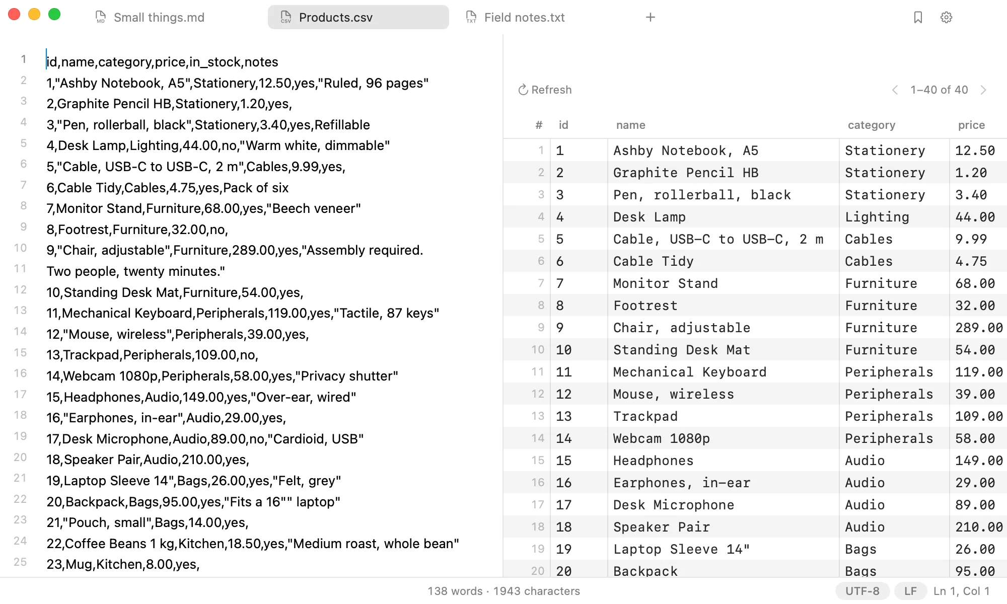 Products.csv in Nota, with the comma-separated source beside a sortable table.
