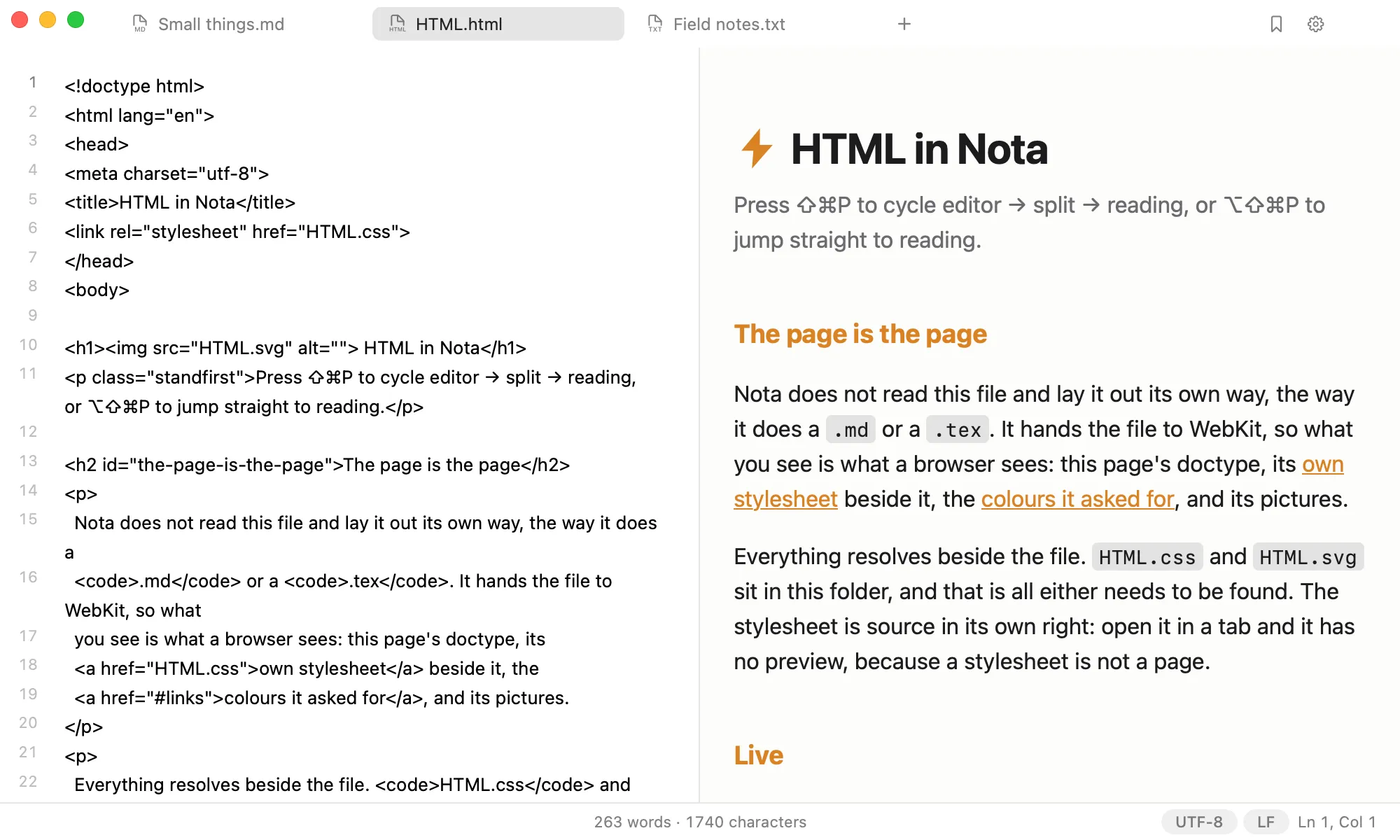 HTML source beside its live page in Nota, with Small things and Field notes tabs.