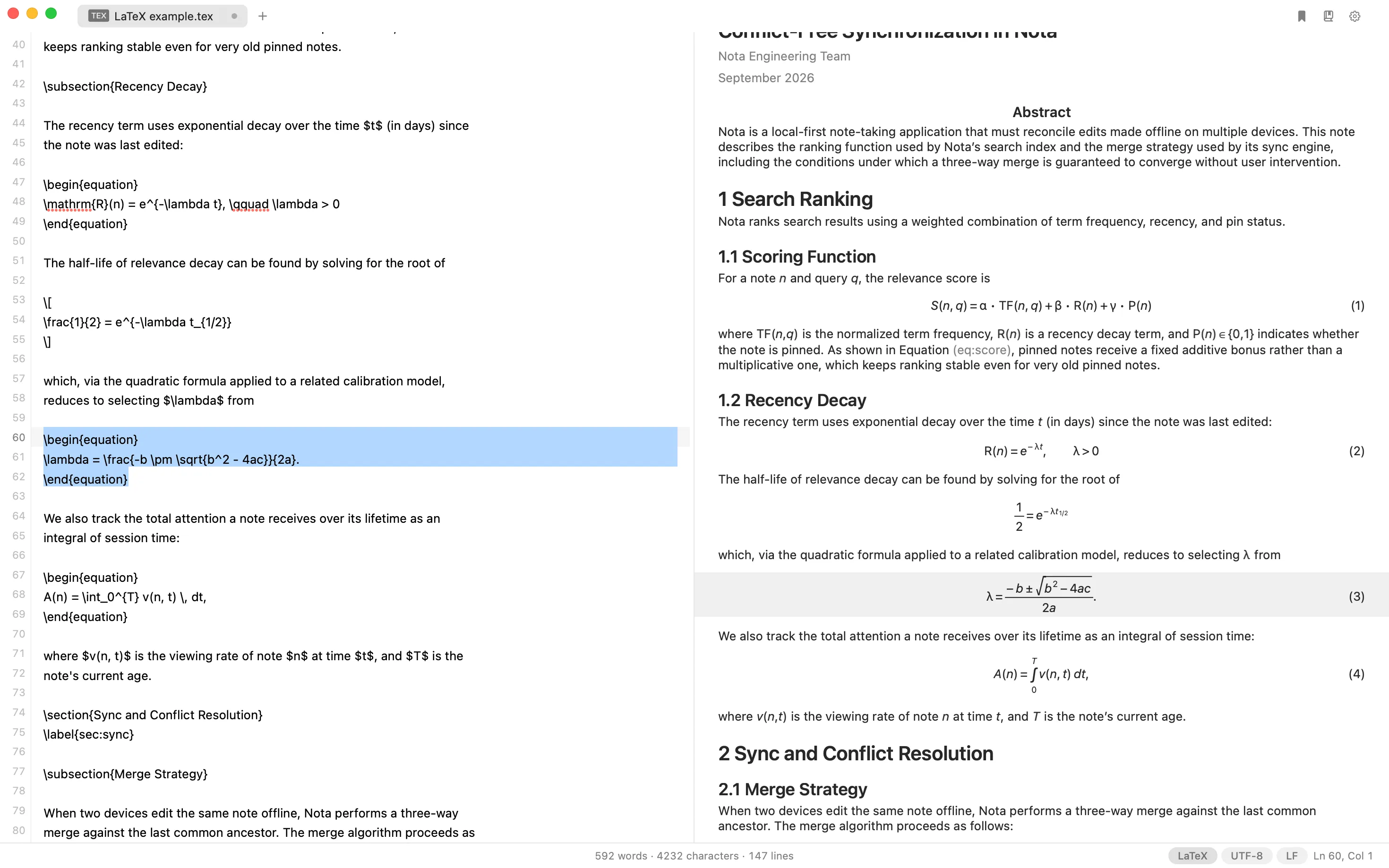 LaTeX source beside a typeset paper in Nota, with an abstract, numbered sections, and equations.
