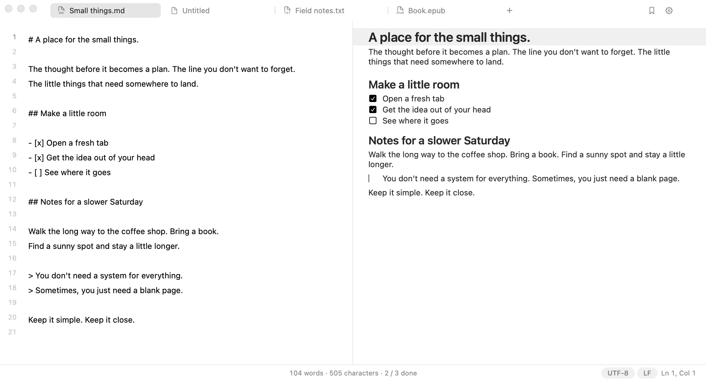 Nota showing a Markdown note in a live split view, with Untitled, Field notes, and EPUB tabs beside it.