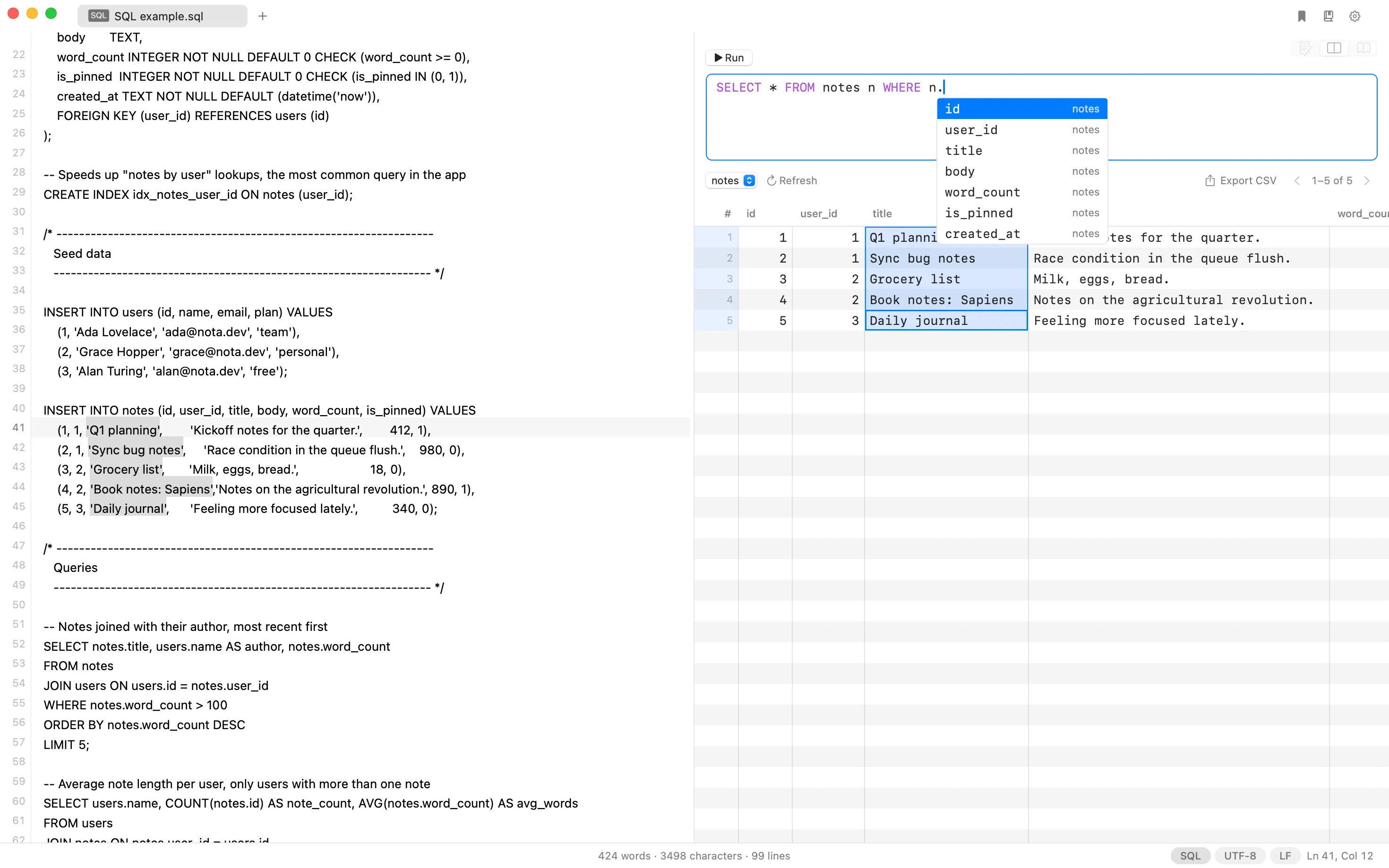 A SQL dump beside a query box in Nota, with column-name autocomplete and a results grid.