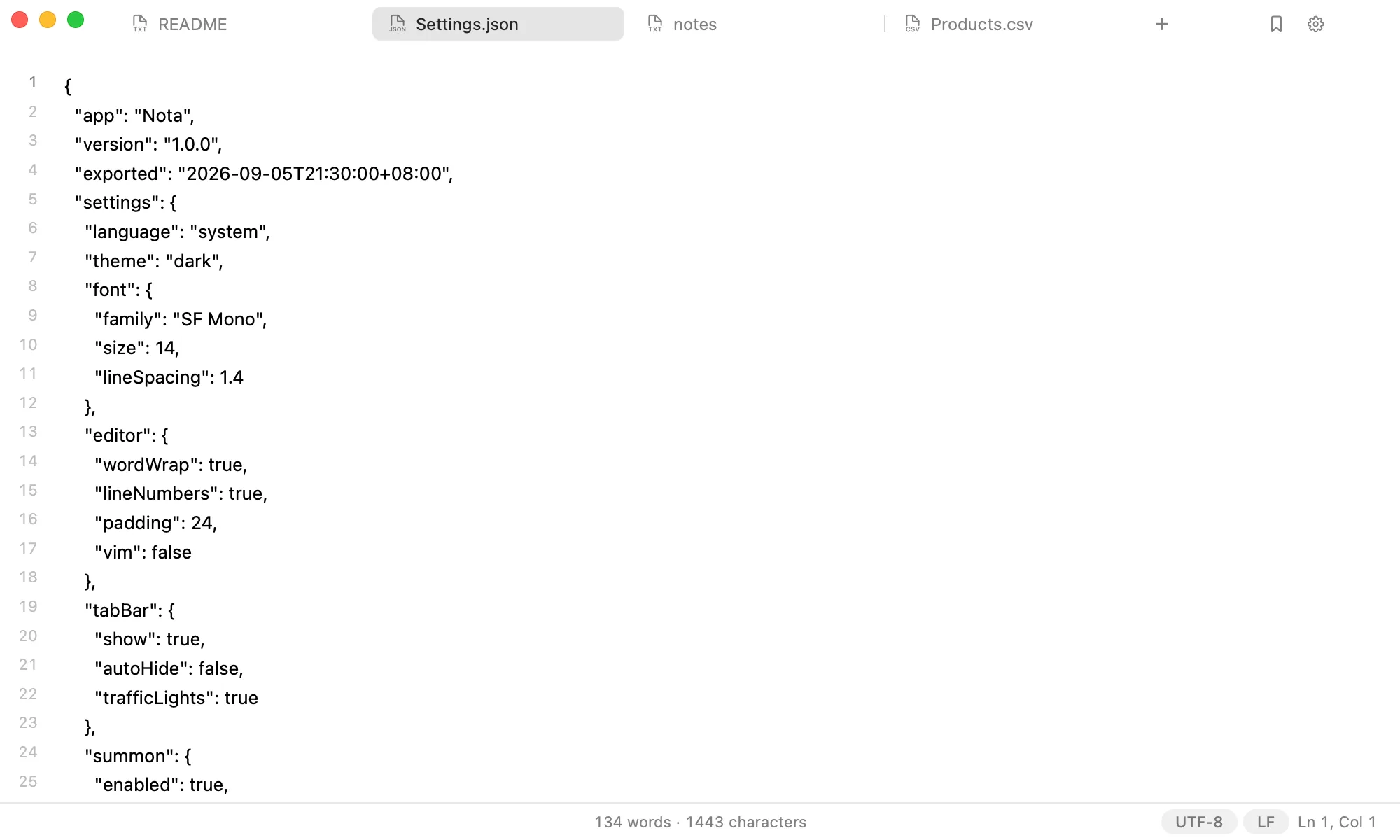 Settings.json in Nota, with README, notes, and Products.csv tabs beside it.
